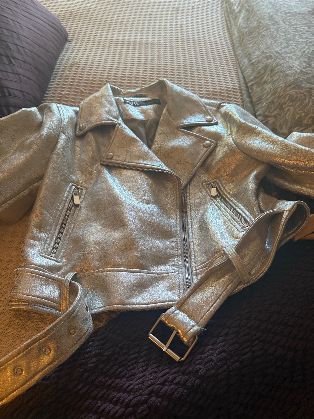 Zara Faux Leather Metallic Silver Cropped Moto Jacket - Picture 7 of 7